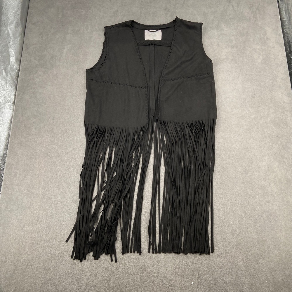 Fornia Los Angeles Womens 2XL Black Faux Suede Fringe Vest Boho Whipstitch Open